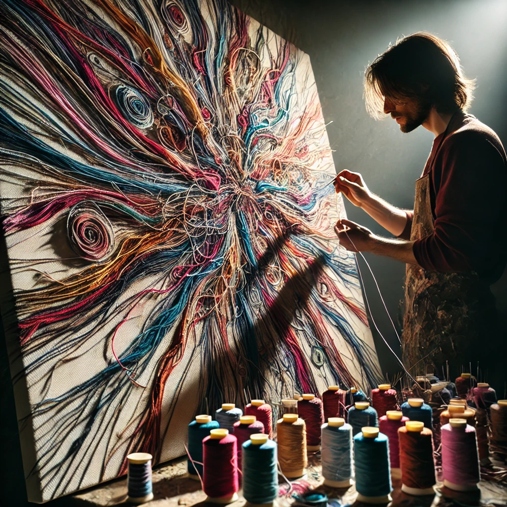 Artist using thread and needle